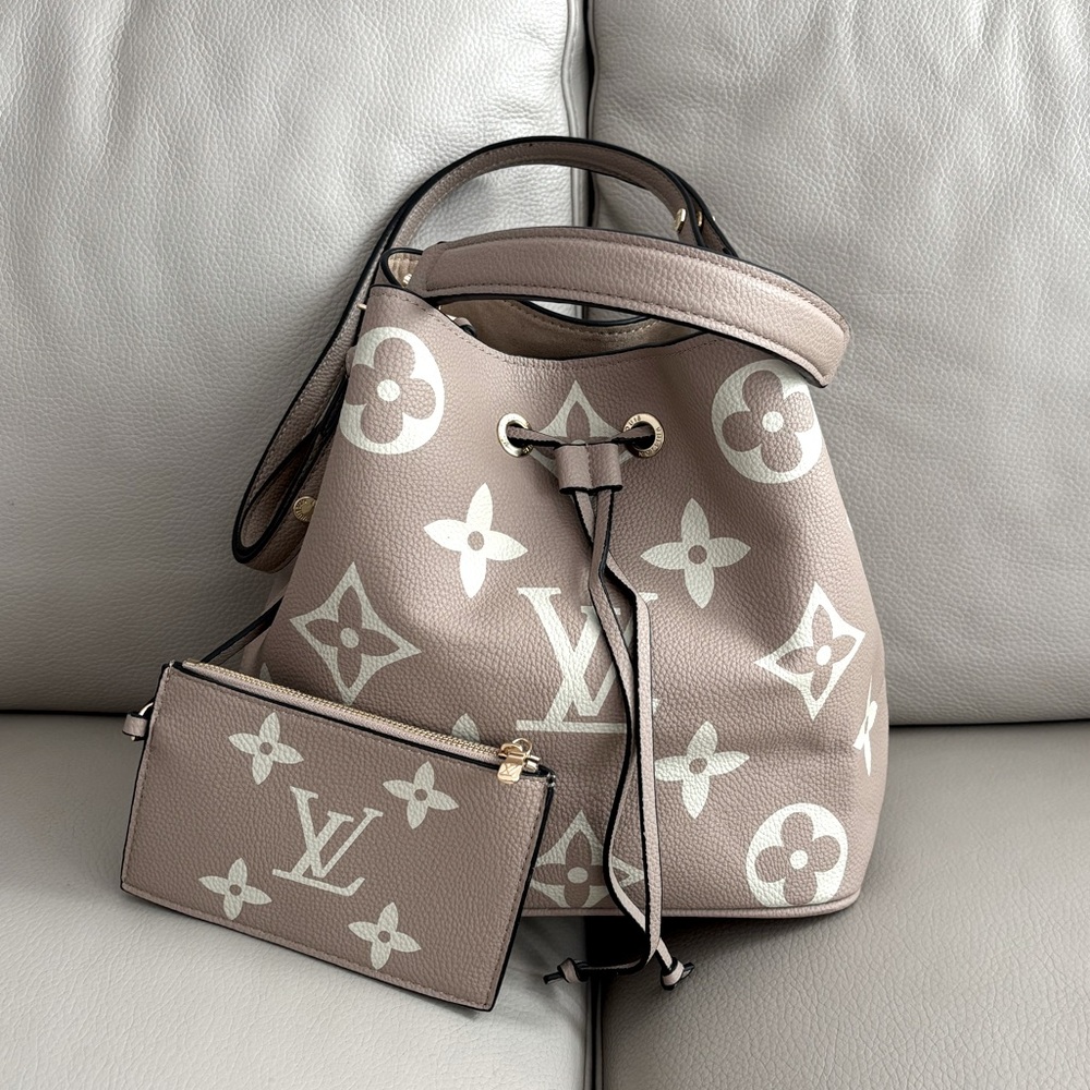 Taupe Monogram Coated Canvas Drawstring Shoulder Bag with Pouch